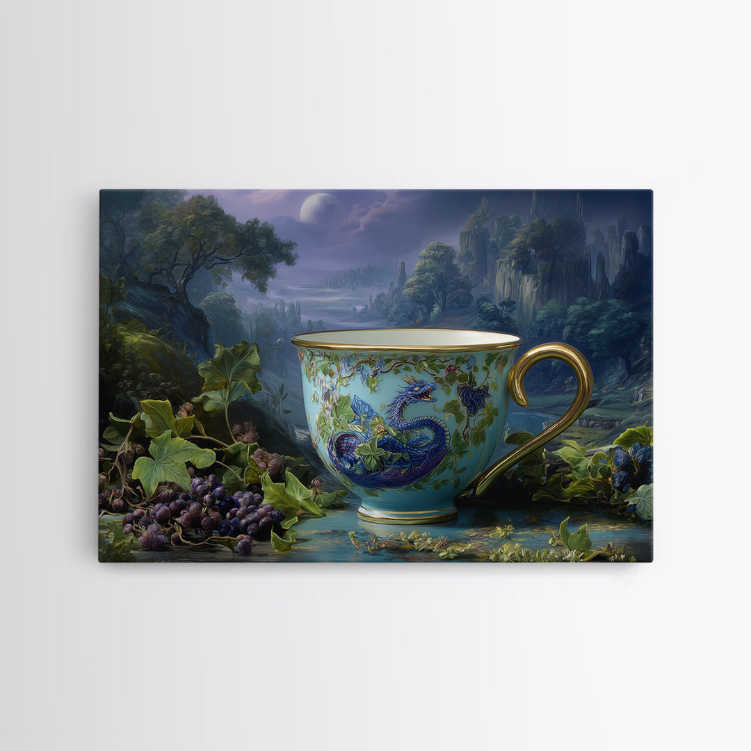 Dragon Curled Around a Teacup Framed Canvas Print, Whimsical Art, Dark Academia Decor, Living Room Decor, Fine Art, Wonder, WHI-3x2-28