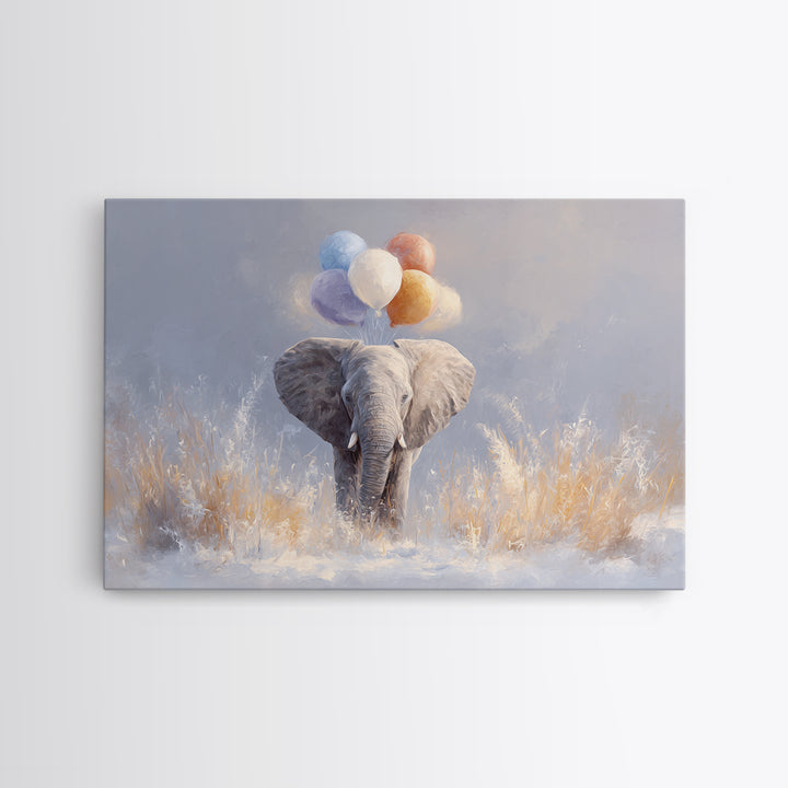 Elephant Holding Balloons Framed Canvas Print, Whimsical Art, Statement Artwork, Living Room Decor, Fine Art, Wonder, WHI-3x2-31