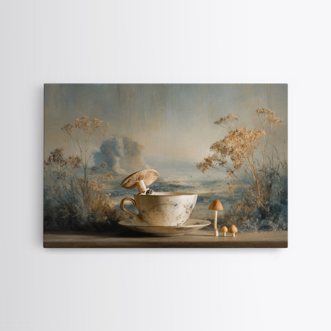 Teacup Garden with Tiny Mushrooms Canvas Print, Whimsical Art, Nursery Art, Living Room Decor, Oil Painting, Wonder, WHI-3x2-32