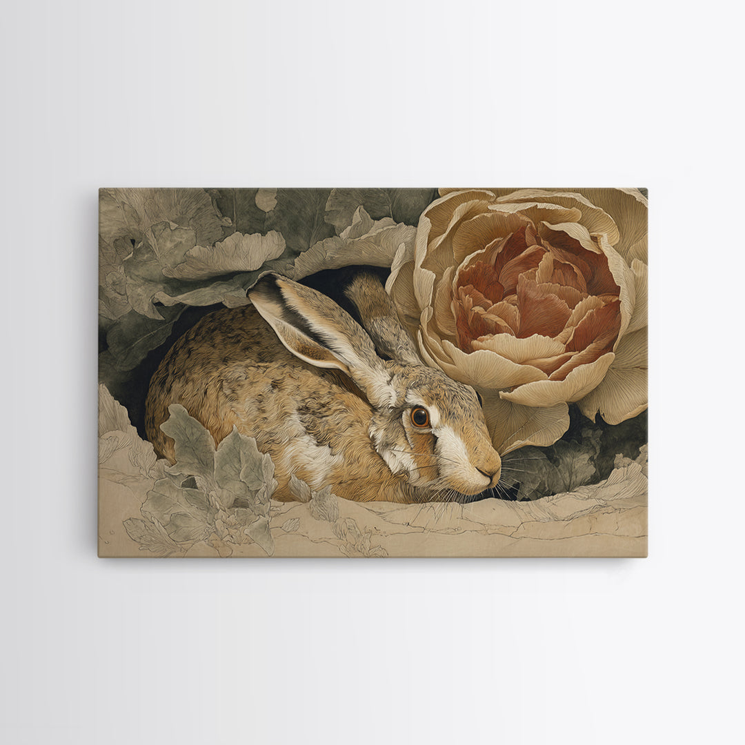 Rabbit Reading Beneath a Giant Flower Canvas Print, Whimsical Art, Cat Art, Living Room Decor, Watercolor Art, Wonder, WHI-3x2-33