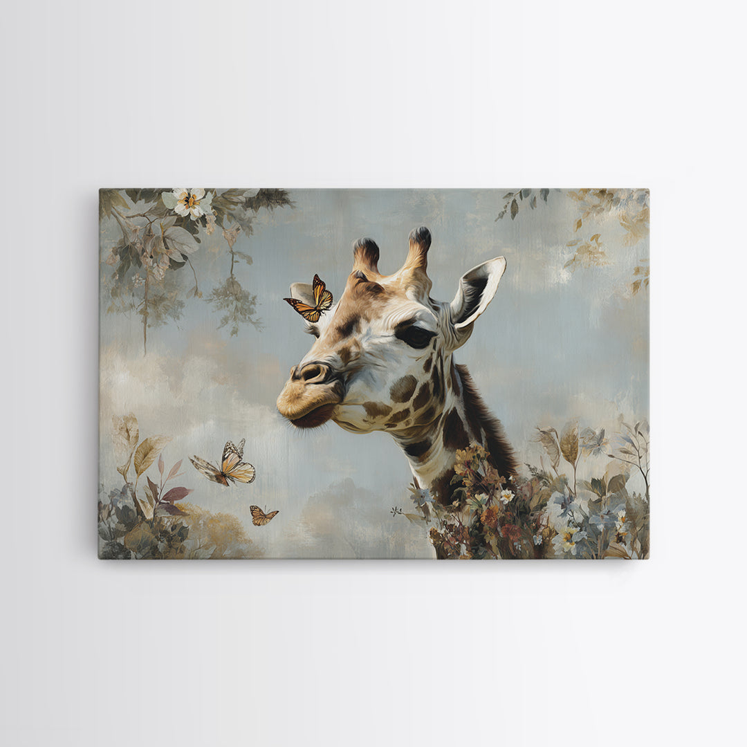 Giraffe with Scarf and Butterflies Canvas Print, Whimsical Art, Living Room Decor, Wonder, Gallery Decor, Neutral Decor, WHI-3x2-38