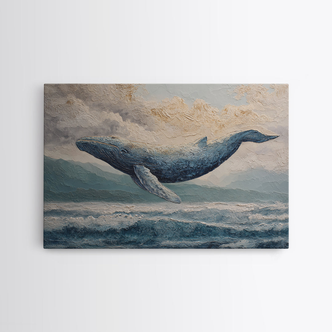 Whale Flying Through Clouds Like Ocean Framed Canvas Print, Whimsical Art, Watercolor Art, Living Room Decor, Wonder, WHI-3x2-41