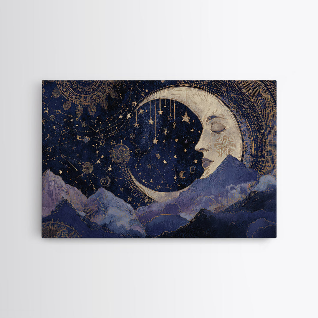 Moon with Sleeping Face and Dangling Stars Canvas Print, Whimsical Art, Watercolor Art, Living Room Decor, Fine Art, Wonder, WHI-3x2-44