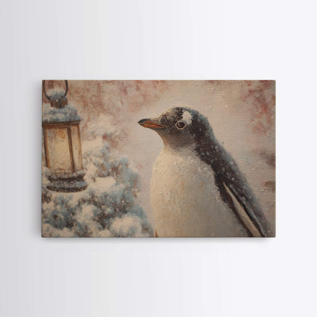 Penguin Holding a Lantern Framed Canvas Print, Whimsical Art, Gallery Decor, Living Room Decor, Fine Art, Wonder, Wall Art, WHI-3x2-45