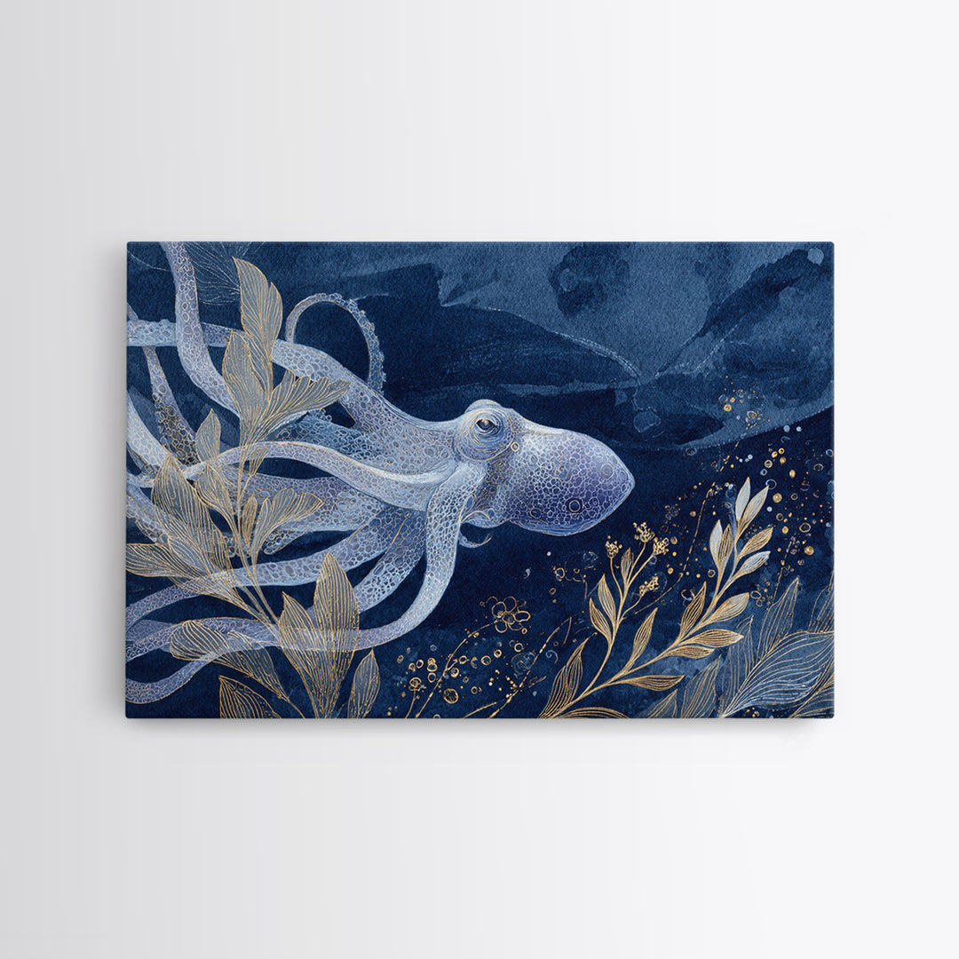 Octopus Conductor with Tiny Instruments Framed Canvas Print, Whimsical Art, Dark Academia Decor, Living Room Decor, Wonder, WHI-3x2-46
