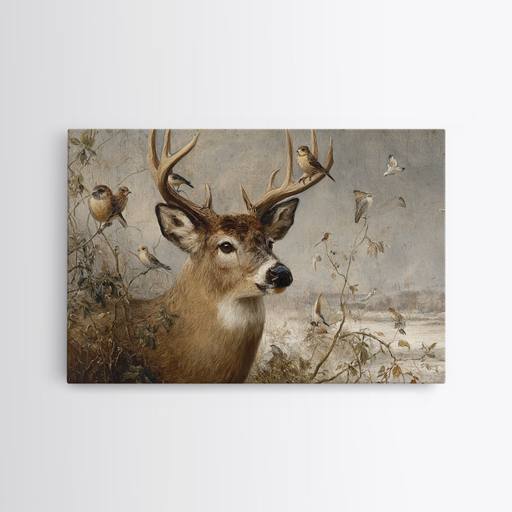 Deer with Antlers Full of Birds Framed Canvas Print, Whimsical Art, Printable Wall Art, Living Room Decor, Oil Painting, Wonder, WHI-3x2-47