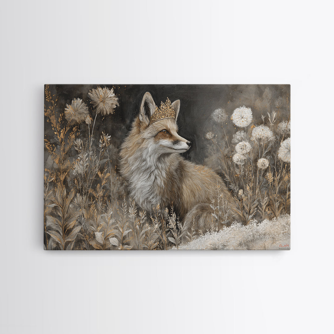 Fox Wearing a Tiny Crown Framed Canvas Print, Whimsical Art, Nursery Art, Living Room Decor, Oil Painting, Wonder, WHI-3x2-5