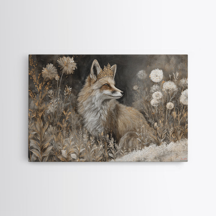 Fox Wearing a Tiny Crown Framed Canvas Print, Whimsical Art, Nursery Art, Living Room Decor, Oil Painting, Wonder, WHI-3x2-5