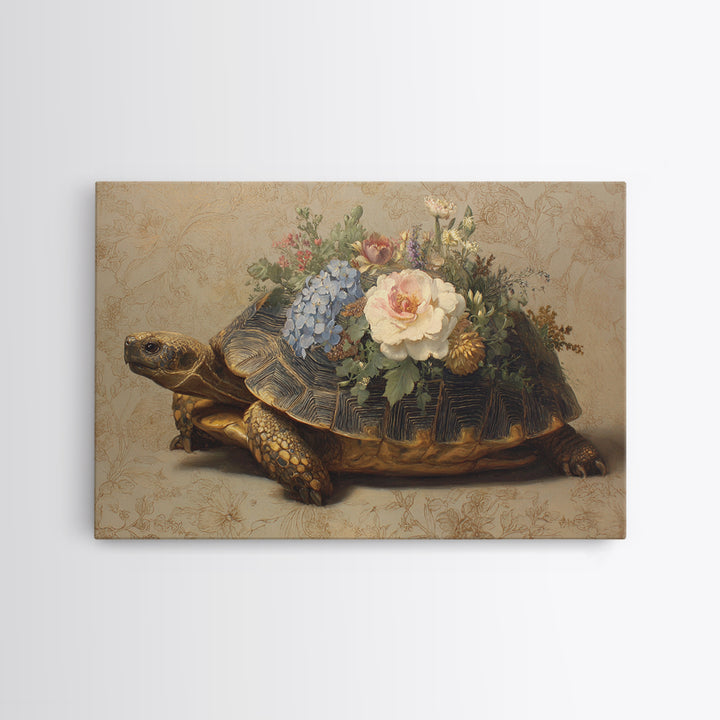 Turtle with Garden Growing on Shell Framed Canvas Print, Whimsical Art, Dopamine Decor, Living Room Decor, Fine Art, Wonder, WHI-3x2-50