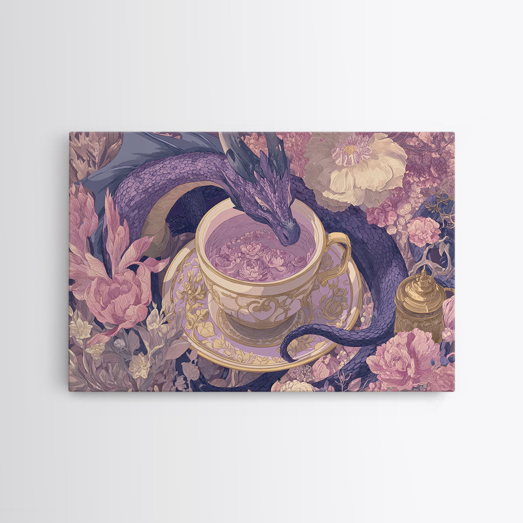 Dragon Curled Around a Teacup Canvas Print, Whimsical Art, Bird Art, Living Room Decor, Abstract Art, Wonder, Textured Painting, WHI-3x2-52