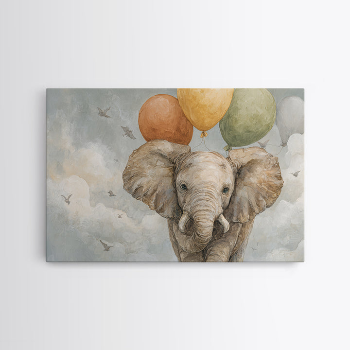 Elephant Holding Balloons Framed Canvas Print, Whimsical Art, Whimsical, Living Room Decor, Oil Painting, Wonder, Nursery Art, WHI-3x2-55