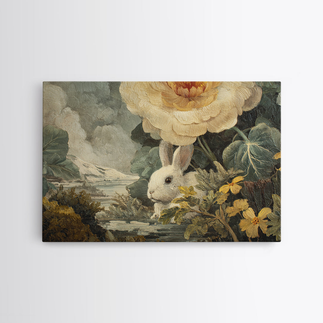 Rabbit Reading Beneath a Giant Flower Canvas Print, Whimsical Art, Cat Art, Living Room Decor, Watercolor Art, Wonder, WHI-3x2-57
