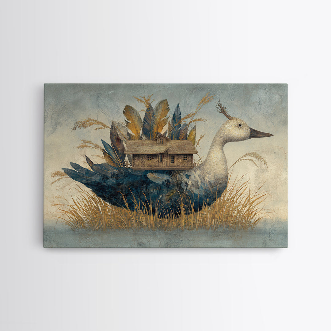 Floating House Carried by Colorful Birds Framed Canvas Print, Whimsical Art, Living Room Decor, Oil Painting, Wonder, WHI-3x2-59