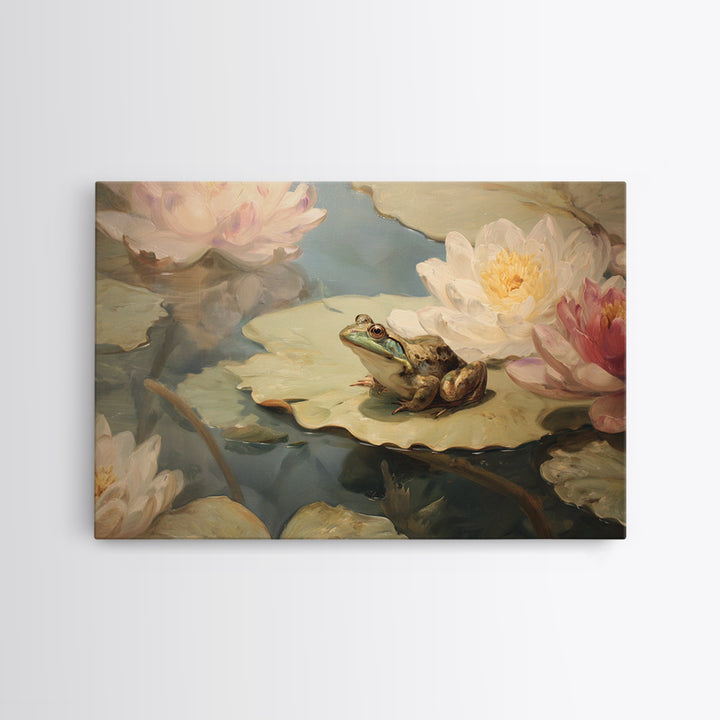 Frog Prince on a Lily Pad Framed Canvas Print, Whimsical Art, Textured Painting, Living Room Decor, Fine Art, Wonder, WHI-3x2-60