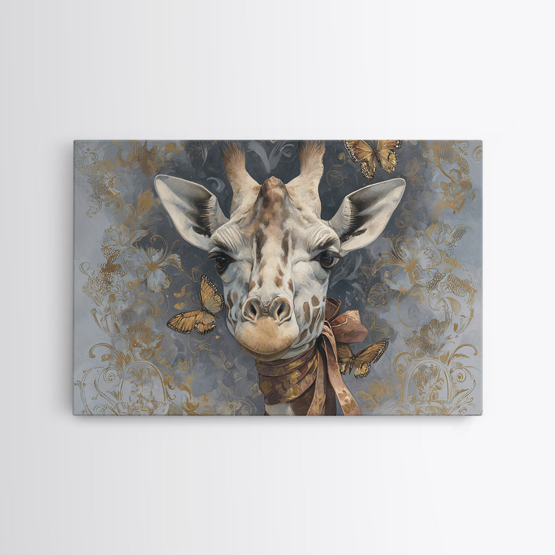 Giraffe with Scarf and Butterflies Canvas Print, Whimsical Art, Living Room Decor, Wonder, Gallery Decor, Neutral Decor, WHI-3x2-62