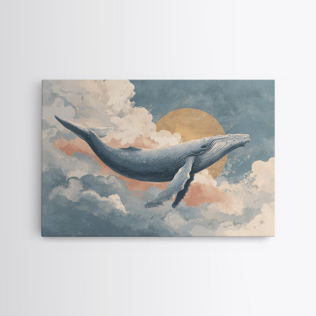 Whale Flying Through Clouds Like Ocean Framed Canvas Print, Whimsical Art, Watercolor Art, Living Room Decor, Wonder, WHI-3x2-65