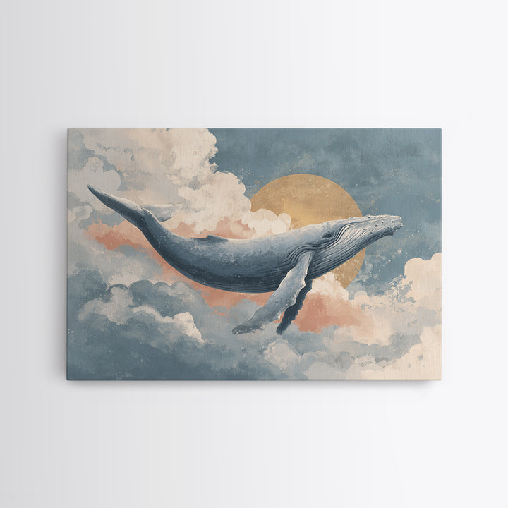 Whale Flying Through Clouds Like Ocean Framed Canvas Print, Whimsical Art, Watercolor Art, Living Room Decor, Wonder, WHI-3x2-65