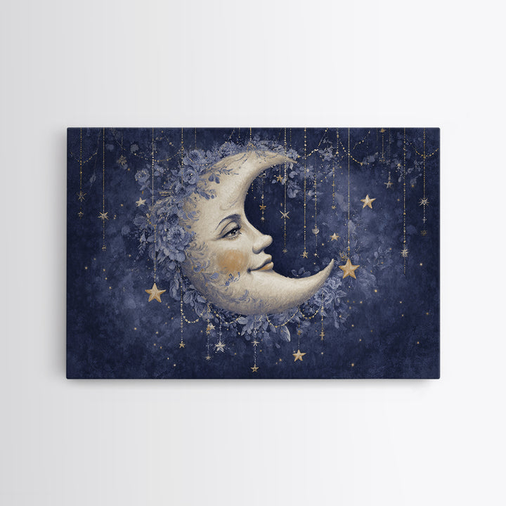 Moon with Sleeping Face and Dangling Stars Canvas Print, Whimsical Art, Minimalist Decor, Living Room Decor, Fine Art, Wonder, WHI-3x2-68