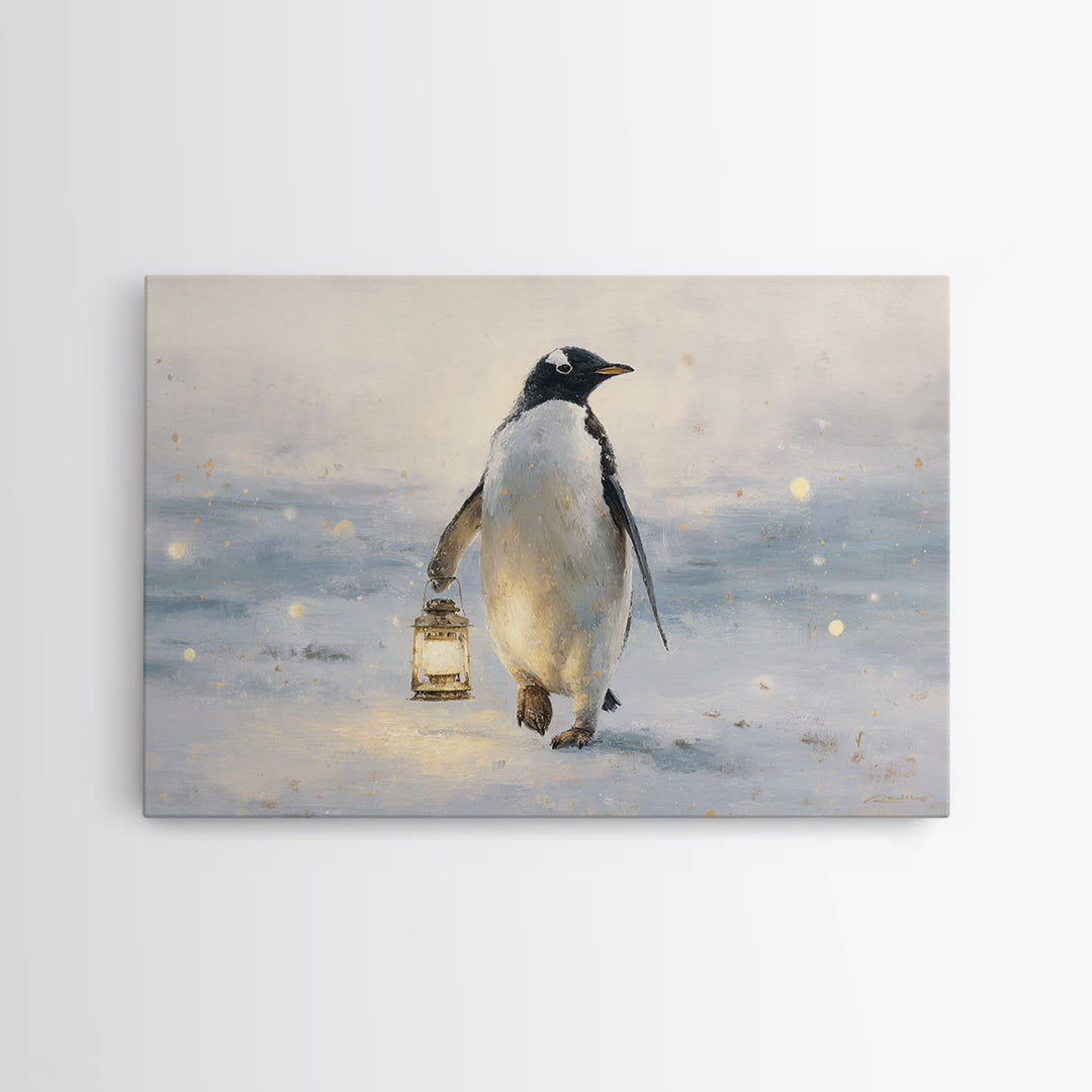 Penguin Holding a Lantern Framed Canvas Print, Whimsical Art, Gallery Decor, Living Room Decor, Fine Art, Wonder, Wall Art, WHI-3x2-69