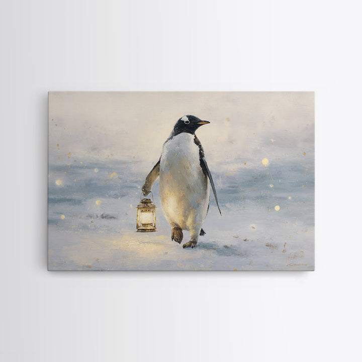 Penguin Holding a Lantern Framed Canvas Print, Whimsical Art, Gallery Decor, Living Room Decor, Fine Art, Wonder, Wall Art, WHI-3x2-69