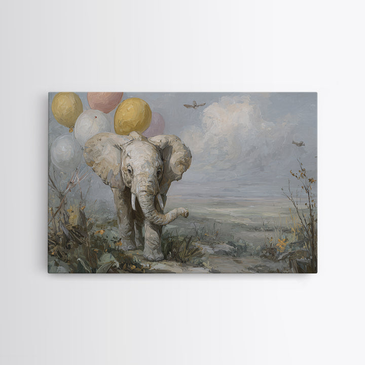 Elephant Holding Balloons Framed Canvas Print, Whimsical Art, Art Nouveau, Living Room Decor, Abstract Art, Wonder, WHI-3x2-7