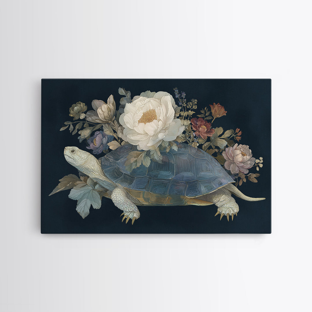 Turtle with Garden Growing on Shell Framed Canvas Print, Whimsical Art, Dopamine Decor, Living Room Decor, Fine Art, Wonder, WHI-3x2-74