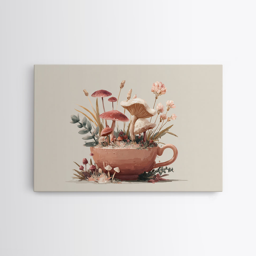 Teacup Garden with Tiny Mushrooms Framed Canvas Print, Whimsical Art, Dopamine Decor, Living Room Decor, Fine Art, Wonder, WHI-3x2-8