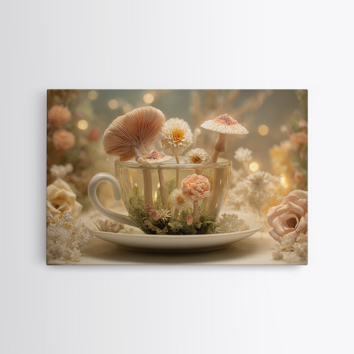 Teacup Garden with Tiny Mushrooms Framed Canvas Print, Whimsical Art, Home Decor, Living Room Decor, Fine Art, Wonder, WHI-3x2-80