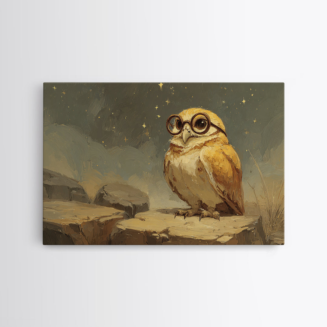 Owl Wearing Spectacles Among Stars Framed Canvas Print, Whimsical Art, Nursery Prints, Living Room Decor, Oil Painting, Wonder, WHI-3x2-82