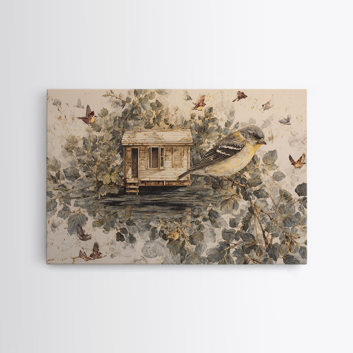 Floating House Carried by Colorful Birds Canvas Print, Whimsical Art, Framed Wall Art, Living Room Decor, Fine Art, Wonder, WHI-3x2-83
