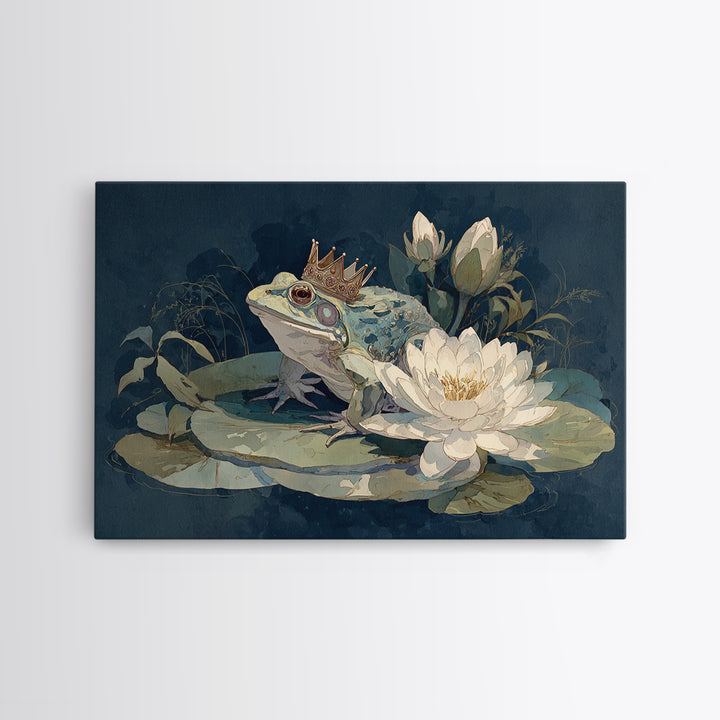 Frog Prince on a Lily Pad Canvas Print, Whimsical Art, Wall Decor, Living Room Decor, Fine Art, Wonder, Printable Art, WHI-3x2-84