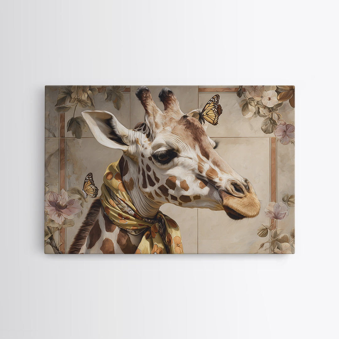 Giraffe with Scarf and Butterflies Framed Canvas Print, Whimsical Art, Nursery Wall Decor, Living Room Decor, Fine Art, Wonder, WHI-3x2-86
