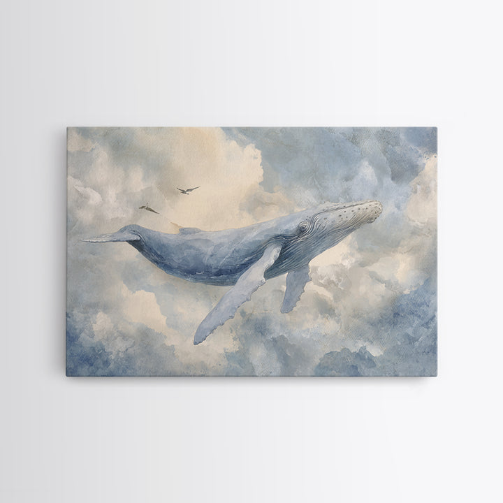 Whale Flying Through Clouds Like Ocean Canvas Print, Whimsical Art, Boho Decor, Living Room Decor, Wonder, Digital Art, WHI-3x2-89