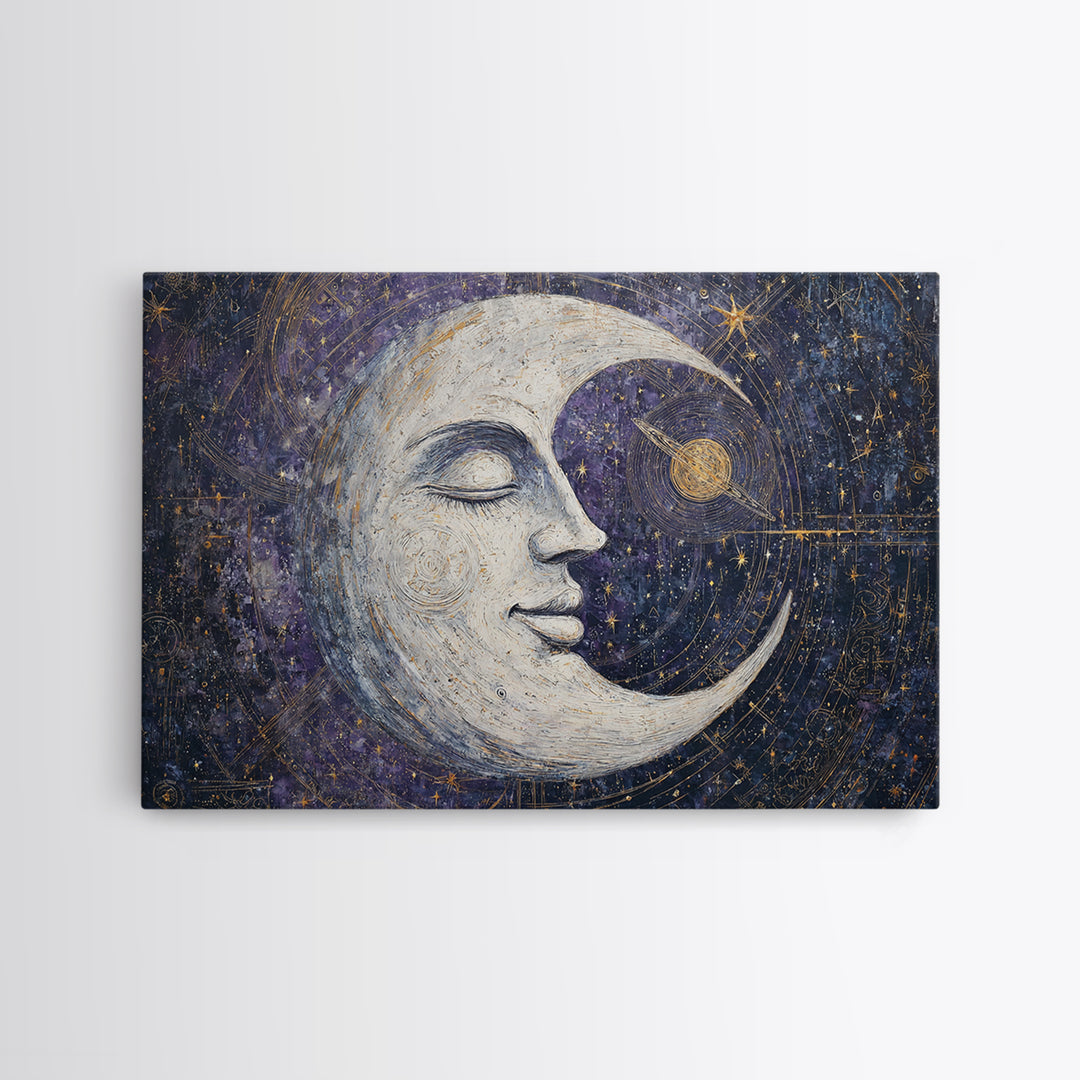 Moon with Sleeping Face and Dangling Stars Framed Canvas Print, Whimsical Art, Art Print, Living Room Decor, Fine Art, Wonder, WHI-3x2-92