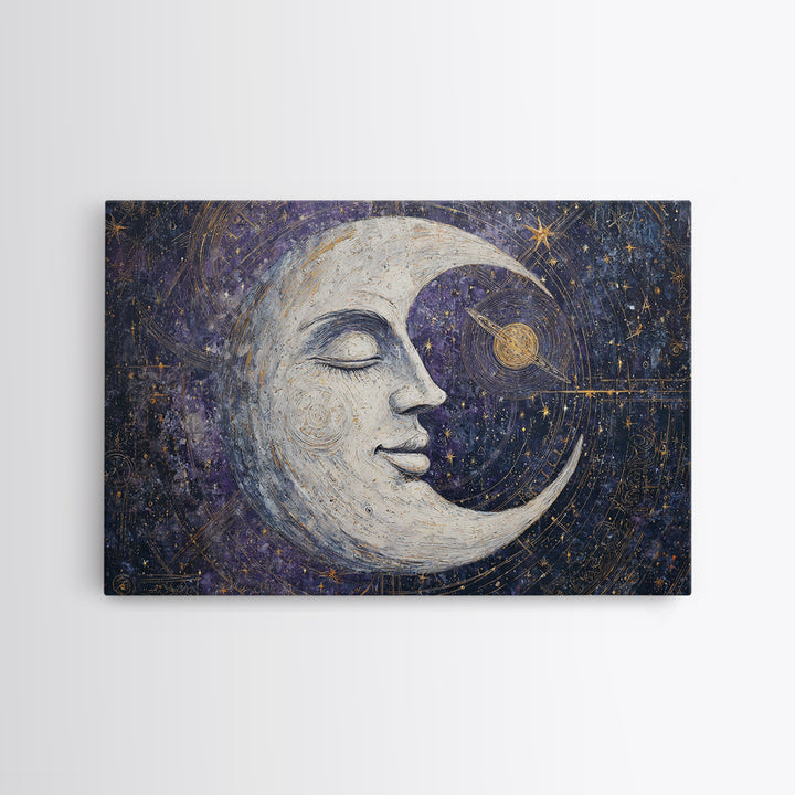 Moon with Sleeping Face and Dangling Stars Framed Canvas Print, Whimsical Art, Art Print, Living Room Decor, Fine Art, Wonder, WHI-3x2-92