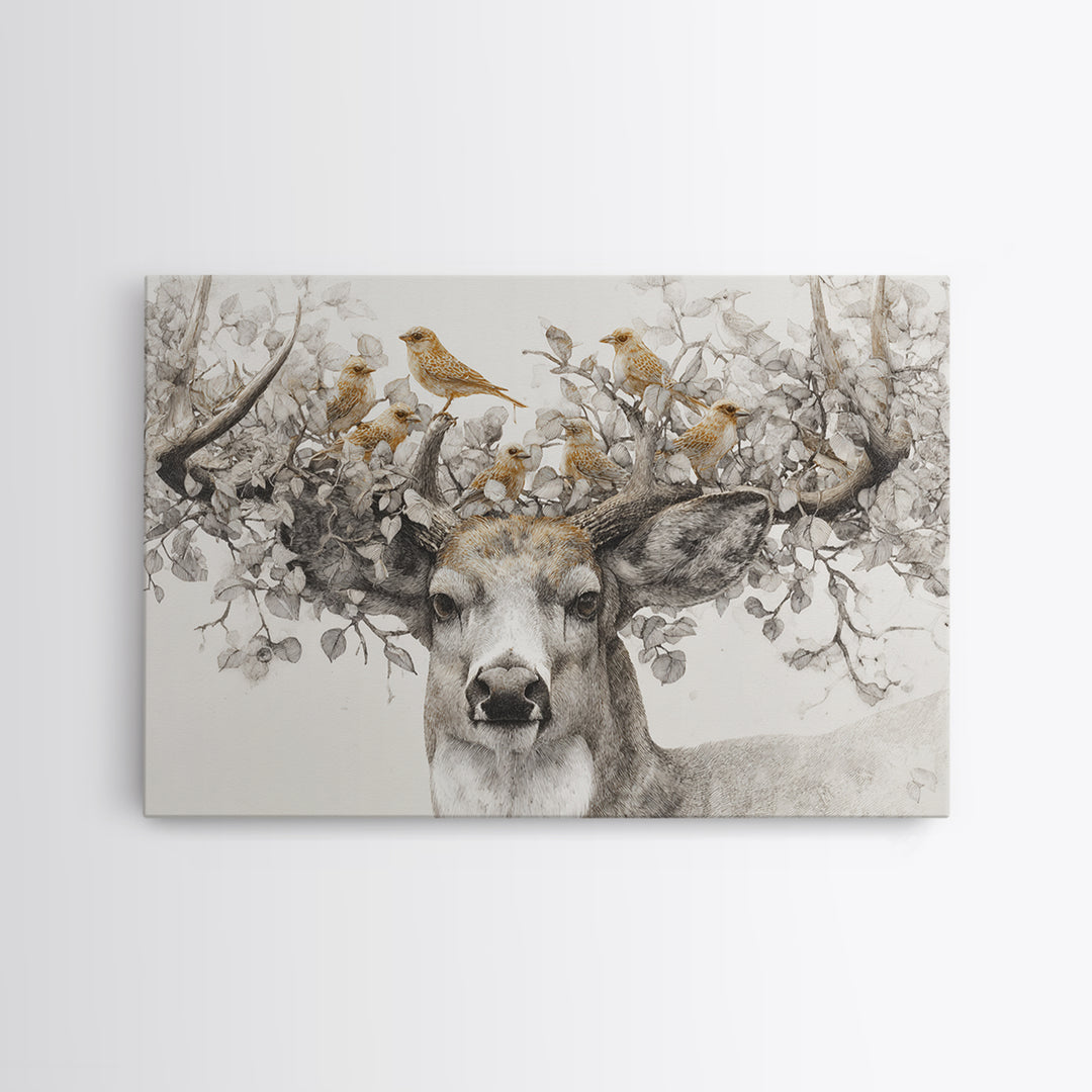 Deer with Antlers Full of Birds Framed Canvas Print, Whimsical Art, Original Art, Living Room Decor, Fine Art, Wonder, WHI-3x2-95