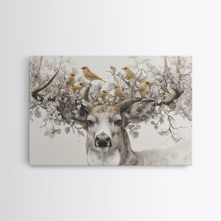 Deer with Antlers Full of Birds Framed Canvas Print, Whimsical Art, Original Art, Living Room Decor, Fine Art, Wonder, WHI-3x2-95