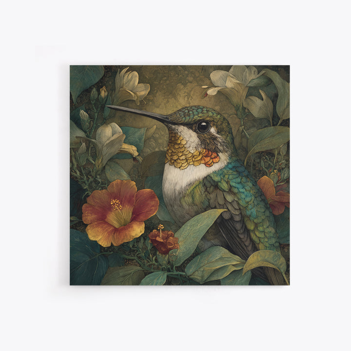 Hummingbird Beside Bright Flowers Framed Canvas Print, Wildlife Art, Canvas Print, Living Room Decor, Fine Art, Wild, WIL-1x1-16