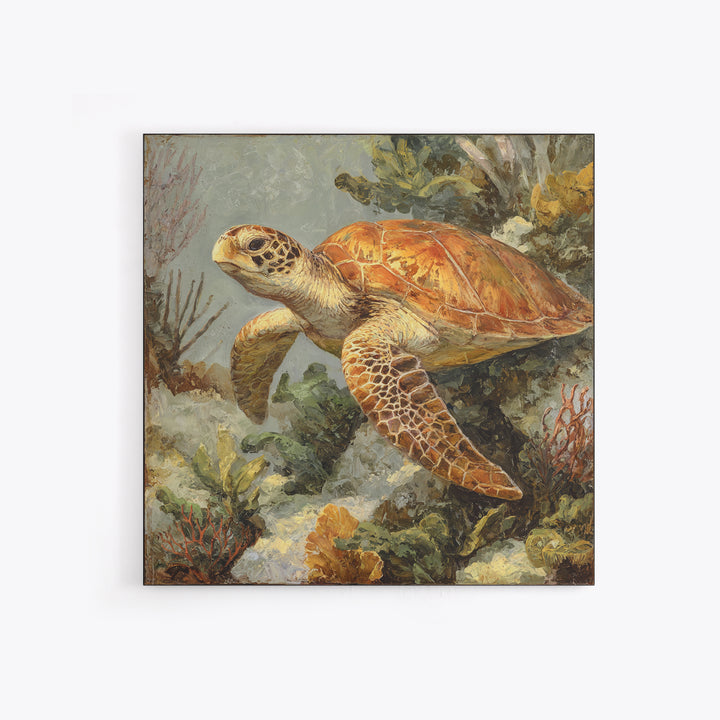Sea Turtle over Coral Reef Canvas Print, Wildlife Art, Living Room Wall Art, Living Room Decor, Wild, Unique Home Decor, WIL-1x1-18