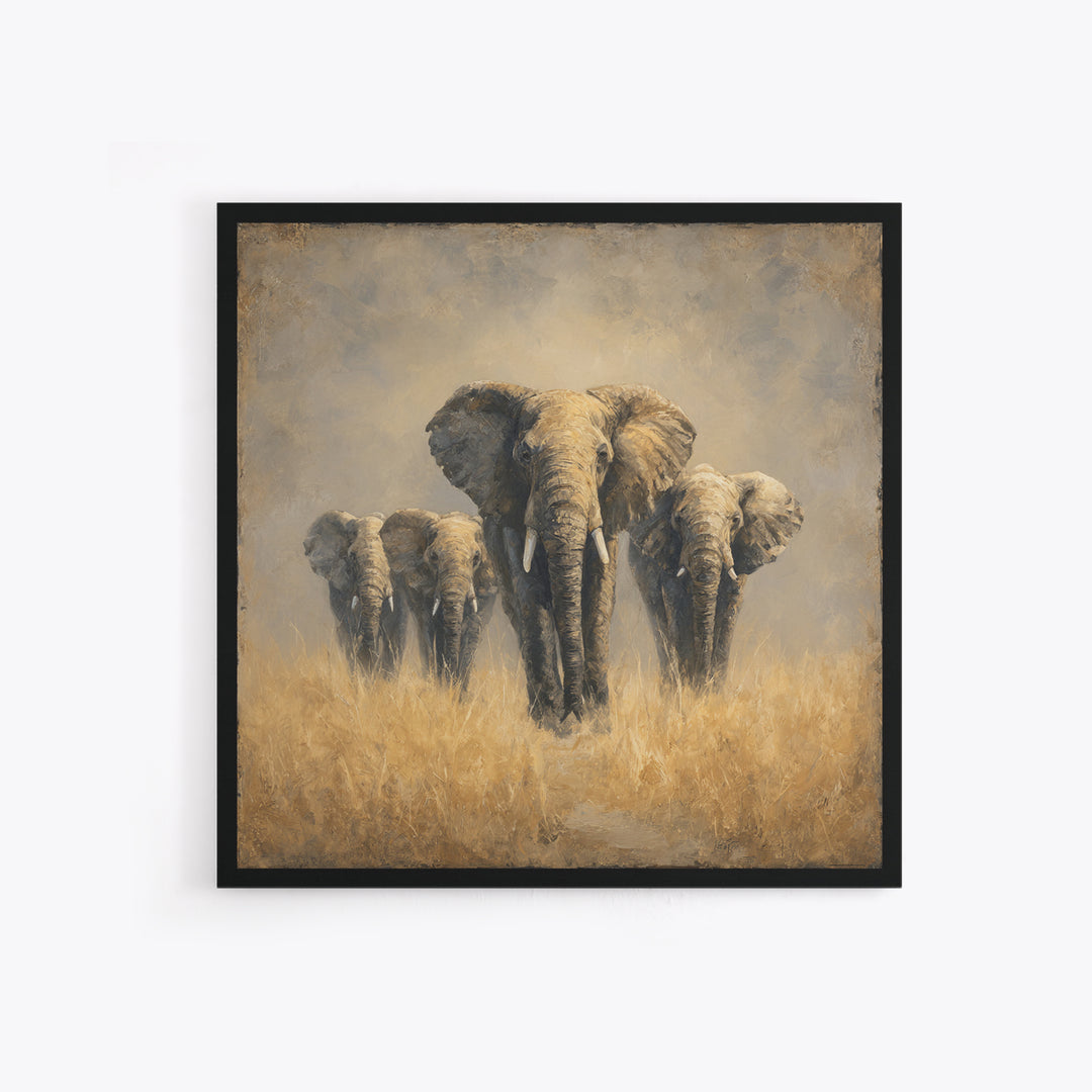 Elephant Herd Walking Through Dusty Sunset Framed Canvas Print, Wildlife Art, Bedroom Wall Art, Living Room Decor, Wild, WIL-1x1-2