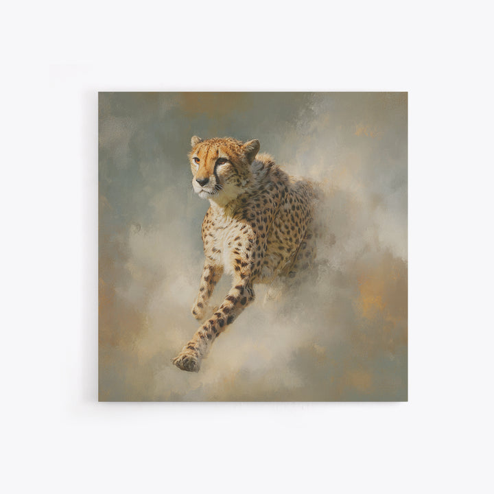Cheetah Running Through Warm Dust Framed Canvas Print, Wildlife Art, Nature Wall Art, Living Room Decor, Fine Art, Wild, WIL-1x1-21