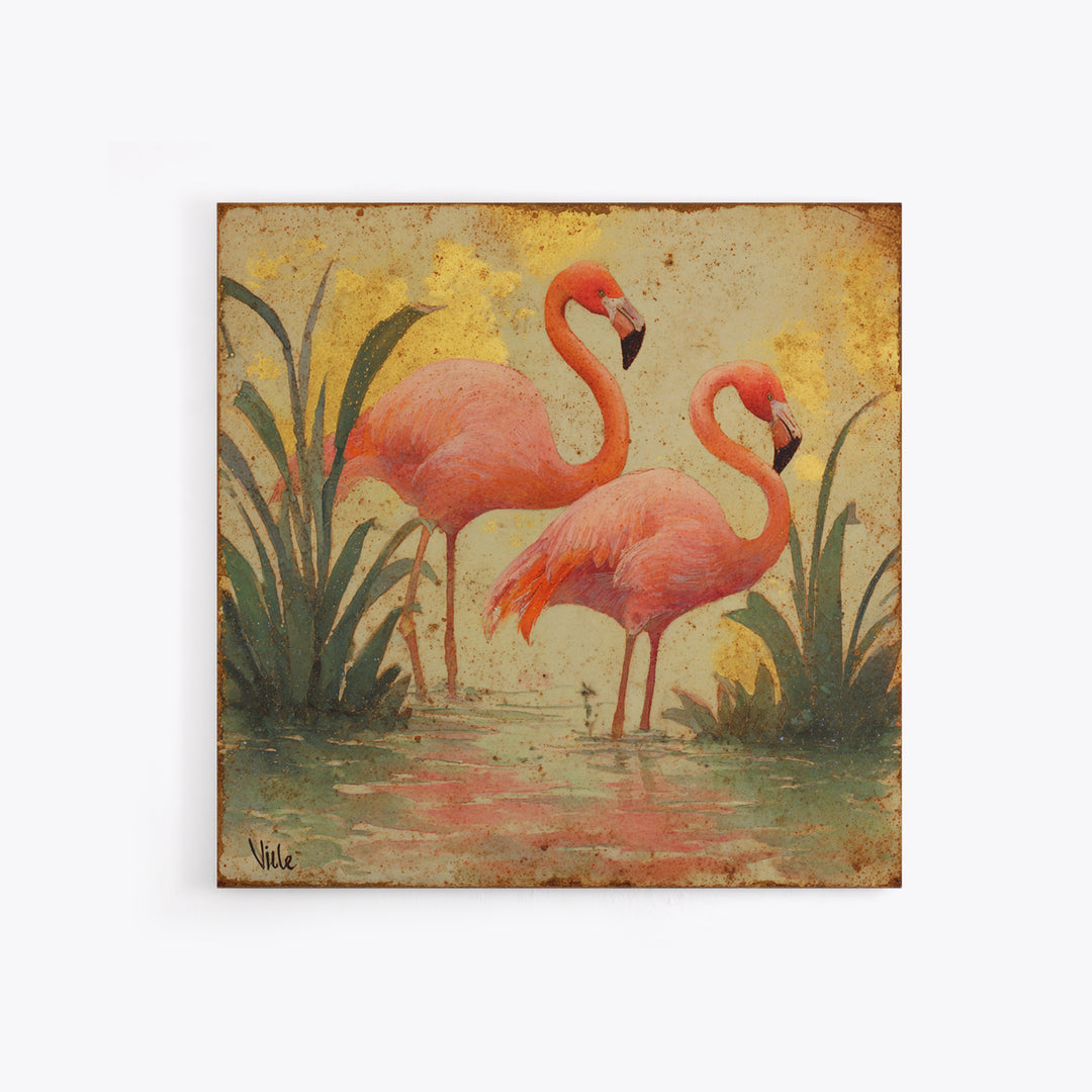 Flamingos in Pink Shallow Water Canvas Print, Wildlife Art, Bird Art, Living Room Decor, Oil Painting, Wild, Original Artwork, WIL-1x1-22