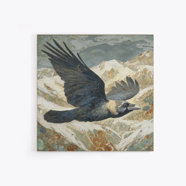 Raven Flying Through Snowy Mountains Framed Canvas Print, Wildlife Art, Living Room Art, Living Room Decor, Fine Art, Wild, WIL-1x1-24
