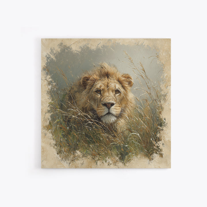 Lion Emerging from Golden Savanna Grass Canvas Print, Wildlife Art, Modern Decor, Living Room Decor, Fine Art, Wild, Home Decor, WIL-1x1-25