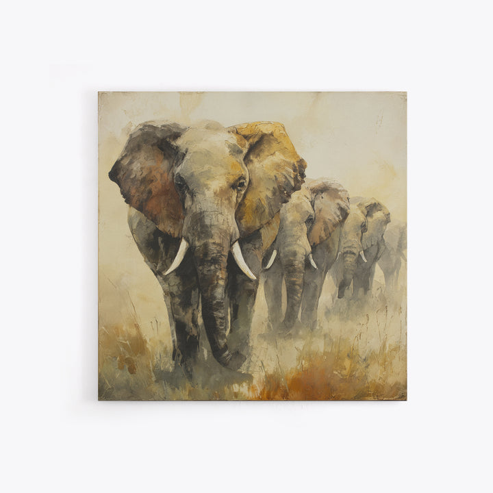 Elephant Herd Walking Through Dusty Sunset Canvas Print, Wildlife Art, Canvas Painting, Living Room Decor, Fine Art, Wild, WIL-1x1-26