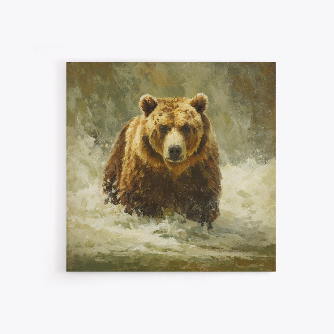 Bear Fishing in Rushing Mountain River Framed Canvas Print, Wildlife Art, Digital Wall Art, Living Room Decor, Fine Art, Wild, WIL-1x1-28