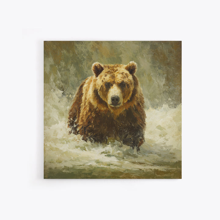 Bear Fishing in Rushing Mountain River Framed Canvas Print, Wildlife Art, Digital Wall Art, Living Room Decor, Fine Art, Wild, WIL-1x1-28