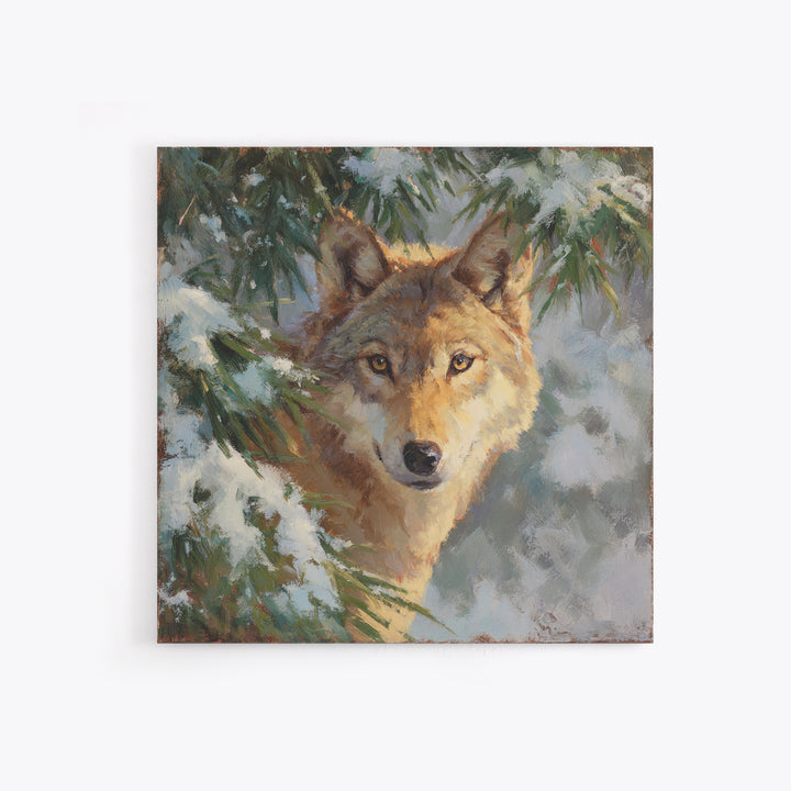 Wolf Standing Beneath Snowy Pine Trees Canvas Print, Wildlife Art, Canvas Wall Art, Living Room Decor, Abstract Art, Wild, WIL-1x1-3