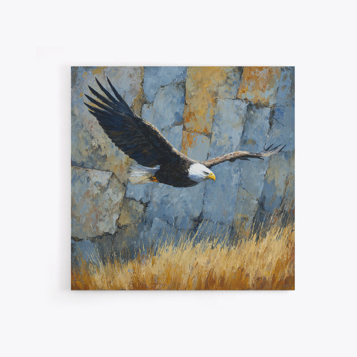 Eagle Soaring Above Rocky Cliffs Canvas Print, Wildlife Art, Bird Wall Art, Living Room Decor, Oil Painting, Wild, Luxury Decor, WIL-1x1-30