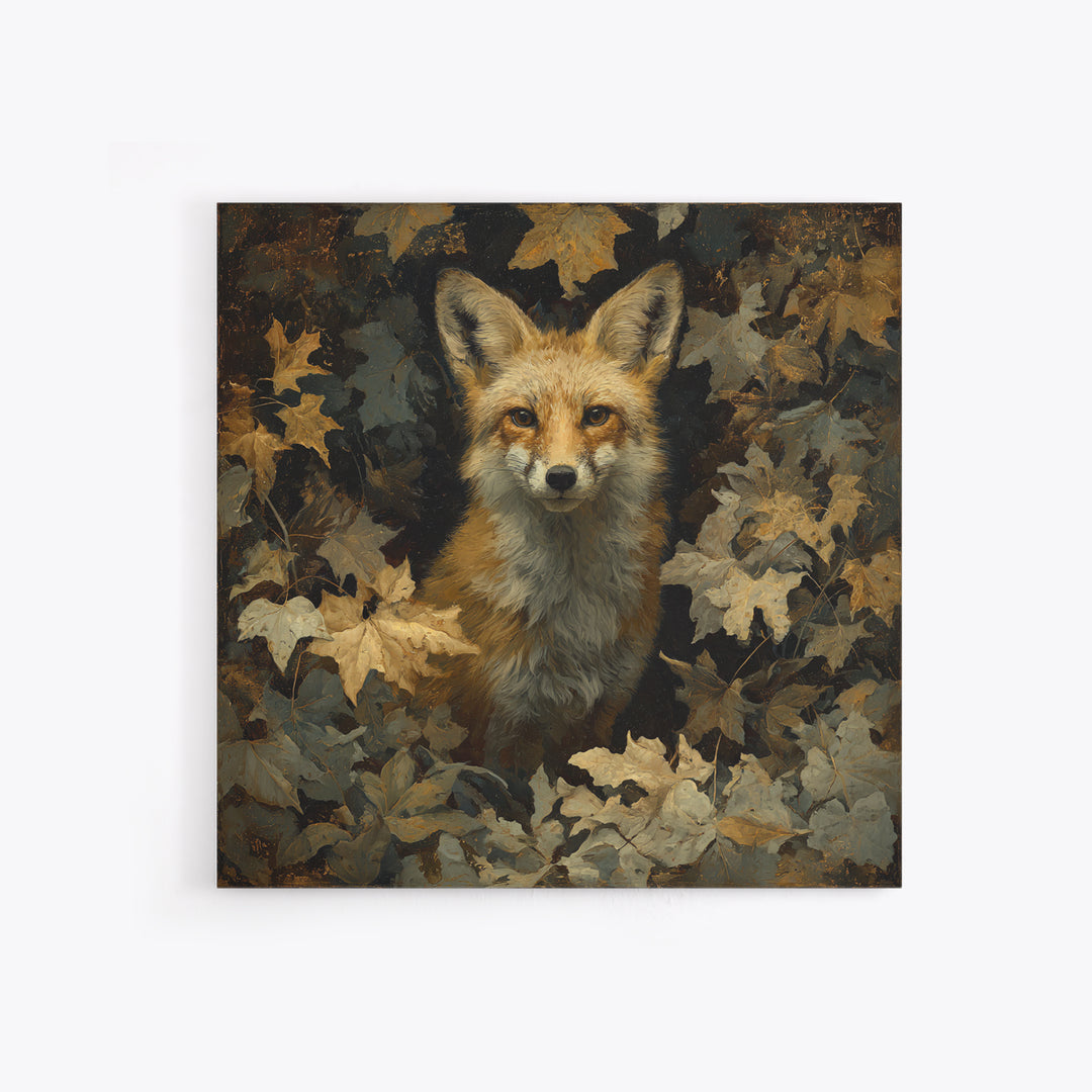 Fox in Autumn Forest Leaves Framed Canvas Print, Wildlife Art, Statement Artwork, Living Room Decor, Fine Art, Wild, Wall Decor, WIL-1x1-33